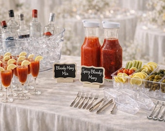 Luxury Bloody Mary Bar Set- Ice Containers, Condiment Holders, Juice Bottles, Champagne Glasses, Signs and Bar tools