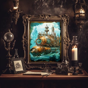 Steampunk Aquatic Train II Print -Clockwork Undersea Ocean Print- Archival Matte or Satin Finish Prints