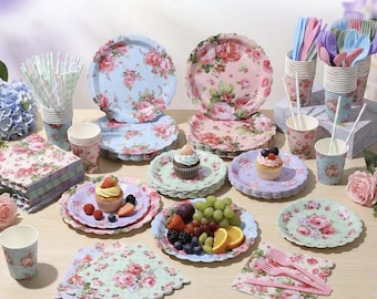 Tea Time Floral Party Set, Paper Plates, Cups, Napkins – Tea Party Fun Party Tableware