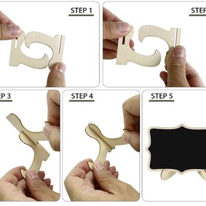 May include: A step-by-step guide shows how to assemble a small wooden chalkboard sign. The sign has a black chalkboard surface with a decorative border and a wooden stand. The steps are numbered and show the assembly process.