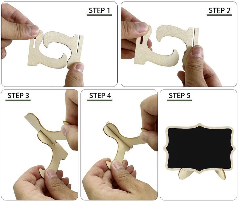 May include: A step-by-step guide shows how to assemble a small wooden chalkboard sign. The sign has a black chalkboard surface with a decorative border and a wooden stand. The steps are numbered and show the assembly process.