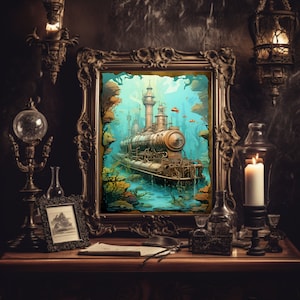 Steampunk Aquatic Train 1 Print -Clockwork Undersea Ocean Print- Archival Matte or Satin Finish Prints