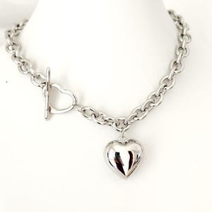 Silver Heart Necklace, Heart Toggle Necklace, Chunky Heart  Necklace, Romantic Gift for Girlfriend, Anniversary Present for Wife