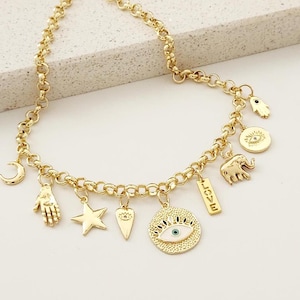 Lucky Charm  Gold Necklace,  Multi-Charm Necklace - Evil Eye Protection, Ghunky Jewelry, Amulet Gold Necklace,