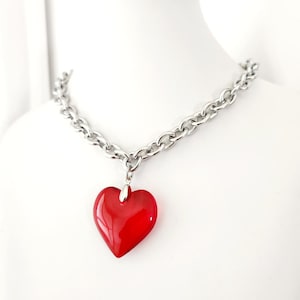 Glass Red Heart Necklace, Chunky Heart Pendant Necklace, Stainless Steel, Vintage Romantic Heart Necklace, Fall Jewelry, trendy necklace,