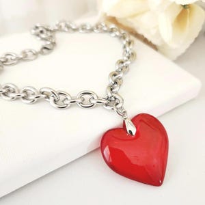 Heart Necklace,  Red Glass Pendant, Jewelry Gift for Her, Women's Gift, Red Heart  Chain Necklace, Necklaces for Women, Chunky Red Necklace, Big Red Heart Necklace
