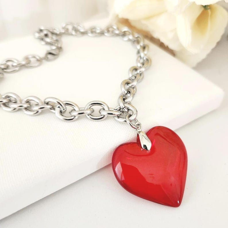 Heart Necklace,  Red Glass Pendant, Jewelry Gift for Her, Women's Gift, Red Heart  Chain Necklace, Necklaces for Women, Chunky Red Necklace, Big Red Heart Necklace