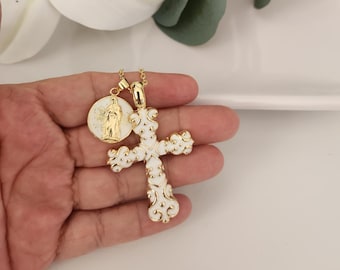 Enamel Cross & Virgin Mary Necklace: Gold-Plated, Minimalist  Catholic Jewelry,  Statement Religious Necklace
