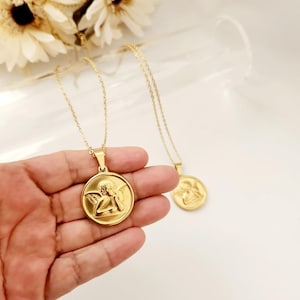 Guardian Angel Medal Necklace/Round Guardian Angel Cherub/Religious Charm Pendant/coin pendant necklace/baby Cupid/ cherub charm
