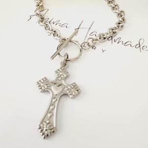 Silver Cross Necklace | Cross Toggle Necklace | Stainless Steel Crucifix Necklace | Large Cross Necklace | Holy Cross Necklace