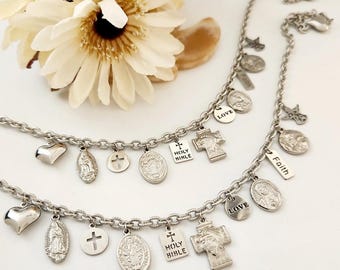 Collar vintage de medallas de santos católicos - Acero inoxidable, joyería religiosa
