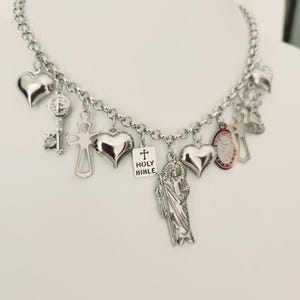 Catholic Multi-Charm Necklace: Stainless Steel Saint Medals