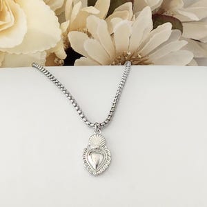 Mini Sacred Heart Silver Necklace, Burning Heart, Ex Voto,  Stainless Steel,