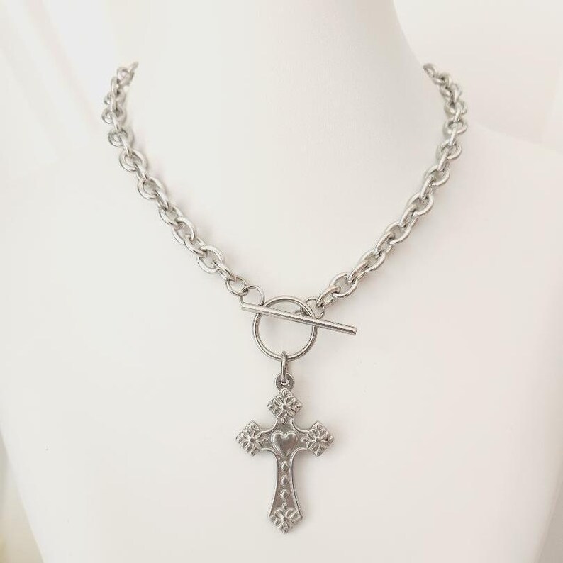 Silver Cross Necklace | Cross Toggle Necklace | Stainless Steel Crucifix Necklace | Large Cross Necklace | Holy Cross Necklace