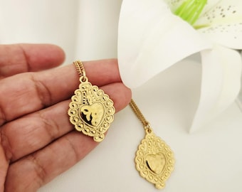 Gold Sacred Heart Necklace: Vintage Religious  Jewelry, Mexican Milagros