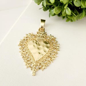 Gold Sacred Heart Pendant: Large Zamak Ex Voto, Mexican Corazón