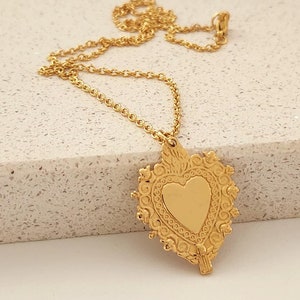 Gold Sacred Heart Jesus Necklace | Stainless Steel, Ex Voto, Sacred Heart, Immaculate Heart, Mexican Milagros, Gift for Her