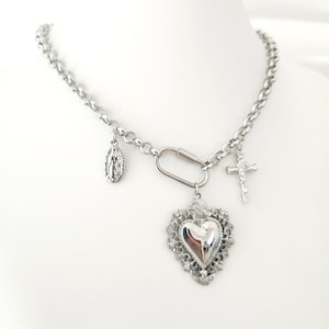 Sacred Heart Necklace: Mexican Milagros Pendant, Stainless Steel Chain