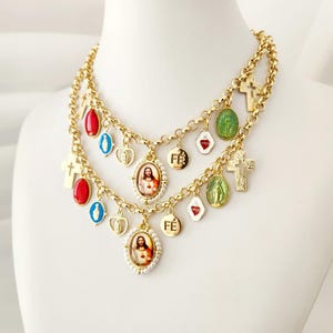 Gold Sacred Heart Charm Necklace: Catholic Madonna Ex Voto Medals