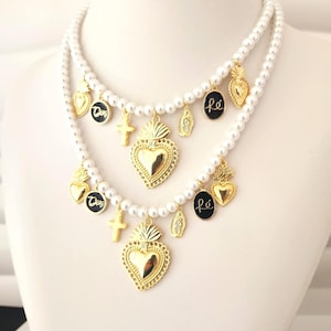 Pearl Sacred  Heart  Necklace,  Cristal Pearl Multi Charm Necklace, Ex Voto Necklace, Catholic Medals Necklace, Gift for Her