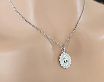 Silver Sacred Heart Necklace: Stainless Steel Ex Voto,  Minimalist Catholic Jewelry,