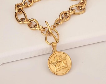 Collar con colgante de ángel querubín chapado en oro, cadena gruesa con cierre de palanca, joyería religiosa