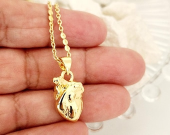 May include: A gold necklace featuring a detailed anatomical heart pendant. The chain is delicate and the heart is realistically sculpted.