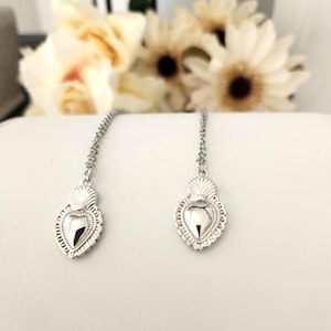 Silver Sacred Heart Necklace, Dainty Mexican Milagros Necklace, Stainless Steel Ex Voto, Catholic Gift