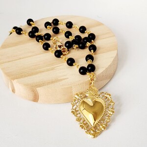 Sacred Heart Necklace: Gold Rosary Chain with Black Beads