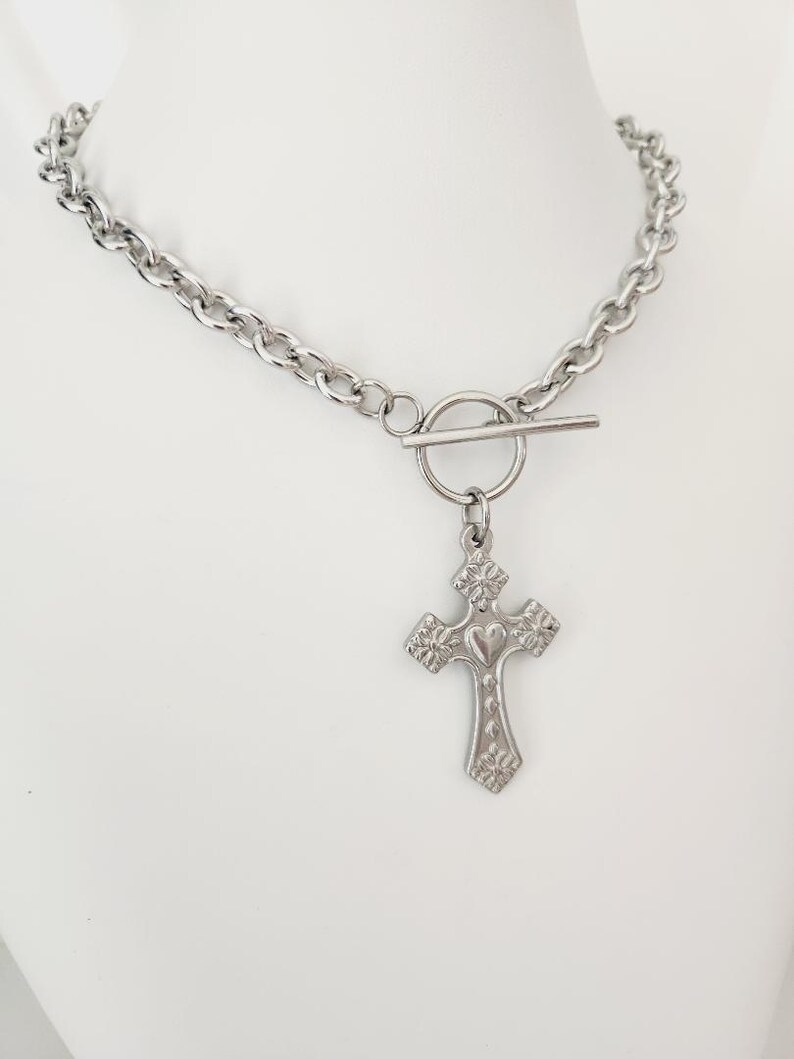 Silver Cross Necklace | Cross Toggle Necklace | Stainless Steel Crucifix Necklace | Large Cross Necklace | Holy Cross Necklace