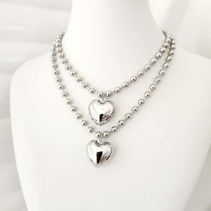 Bubble Heart Ball Chain Necklace, Stainless Steel, Silver