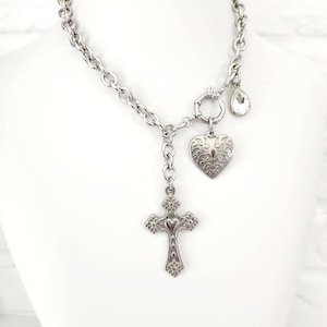Sacred Heart Cross Lariat Necklace: Stainles Steel ,  Silver Religious Y Necklace, Vintage Catholic Jewelry