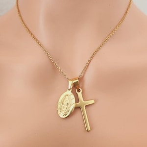 Cross and Virgin Gold Necklace, Stainless Steel , Religious Jewelry, Virgencita Gold Necklace, Women Catholic  Gift