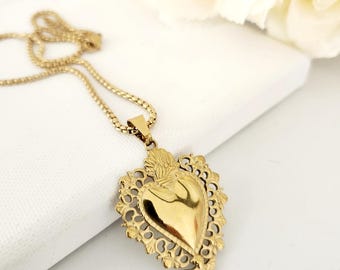 Gold Sacred Heart Necklace, Ex Voto, Sacro Cuore,  Italian Heart, Flaming Heart, Milagro Heart Chain, Mexican Heart , Catholic Woman Gift