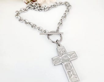 Men Silver Cross Necklace, Chunky Stainless Steel Chain,  Waterproof , Religious Jewelry GIFT