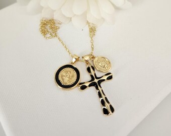 Gold Cross, Miraculous Virgin and Lady Guadalupe Medals Necklace, Gold Plated 18 k
