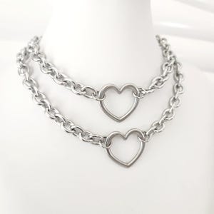 Heart Choker Necklace, Thick Silver Chain Choker in Stainles Steel, Waterproof,  Silver Heart Choker,