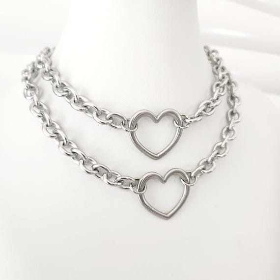 Silver Heart Choker Necklace: Stainless Steel Thick Chain
