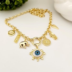 Lucky Charm Necklace/Multi Charm Necklace/Evil Eye Gold Necklace/Protection Necklace/ Meaningful  necklace, Trendy Necklace, Greek Eye Chain