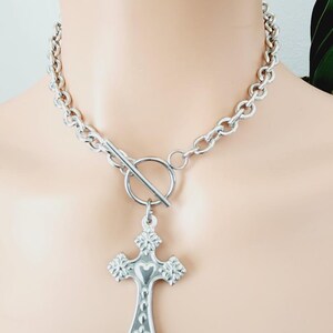 Silver Cross Necklace | Cross Toggle Necklace | Stainless Steel Crucifix Necklace | Large Cross Necklace | Holy Cross Necklace