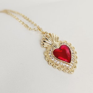 Flaming Sacred Heart Necklace: 18k Gold-Plated Ex Voto, Mexican Miracles