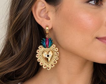 Large Mexican Sacred Heart Earrings, Statement Earrings, Mexican Wedding Jewel, Maximalist Bridal Earrings, Evil Eye Earrings, Gold