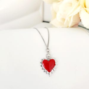 Red Sacred Heart Necklace: Sterling Silver Mexican Milagros Pendant, Catholic Spiritual Jewelry