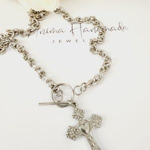 Silver Cross Necklace | Cross Toggle Necklace | Stainless Steel Crucifix Necklace | Large Cross Necklace | Holy Cross Necklace