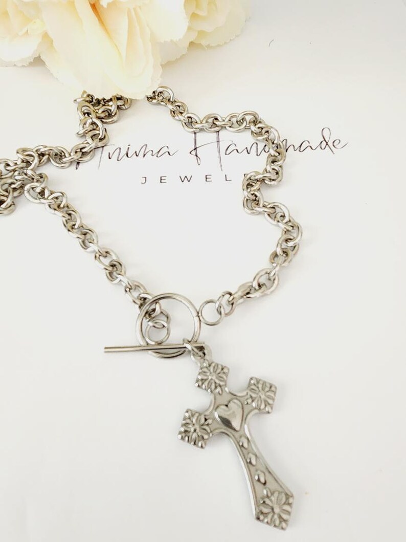 Silver Cross Necklace | Cross Toggle Necklace | Stainless Steel Crucifix Necklace | Large Cross Necklace | Holy Cross Necklace