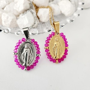 Saint Mary Medal Necklace: Stainless Steel, Fuchsia Crystal Beads