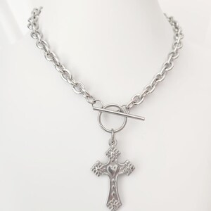 Silver Cross Necklace | Cross Toggle Necklace | Stainless Steel Crucifix Necklace | Large Cross Necklace | Holy Cross Necklace