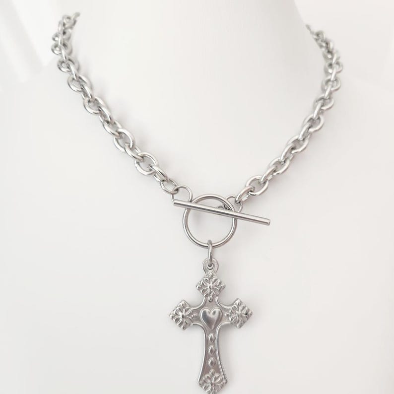 Silver Cross Necklace | Cross Toggle Necklace | Stainless Steel Crucifix Necklace | Large Cross Necklace | Holy Cross Necklace
