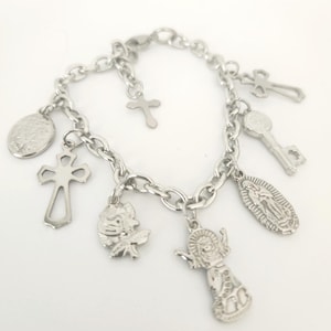 Chunky Saints Charm Bracelet: Handmade Religious Medals, Catholic Gift
