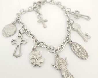 Saints Charm Bracelet, Catholic Medals Bracelet, Religious Charms Bracelets, Spiritual Jewelry Gift, Stainless Steel, waterproof